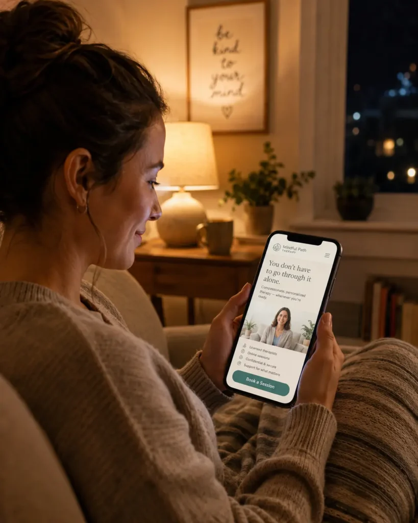 Person at night booking a therapy session on a phone showing a calm website