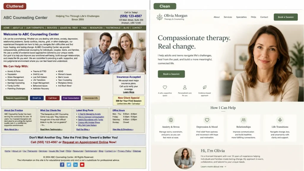 Comparison of a cluttered private practice website and a clean, trustworthy one