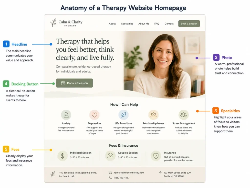 Diagram of the five pieces every therapy website needs labeled on a homepage layout